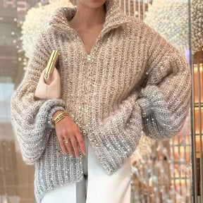 Women's Knitted Sweater With Sequins and Full Zipper