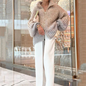 Women's Knitted Sweater With Sequins and Full Zipper