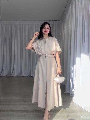 Elegant Round Neck Dress With High Waist And Slit (with belt)