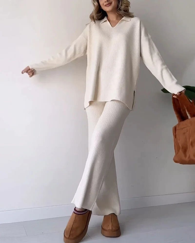 Casual V-neck slit knitted two-piece set