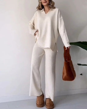 Casual V-neck slit knitted two-piece set