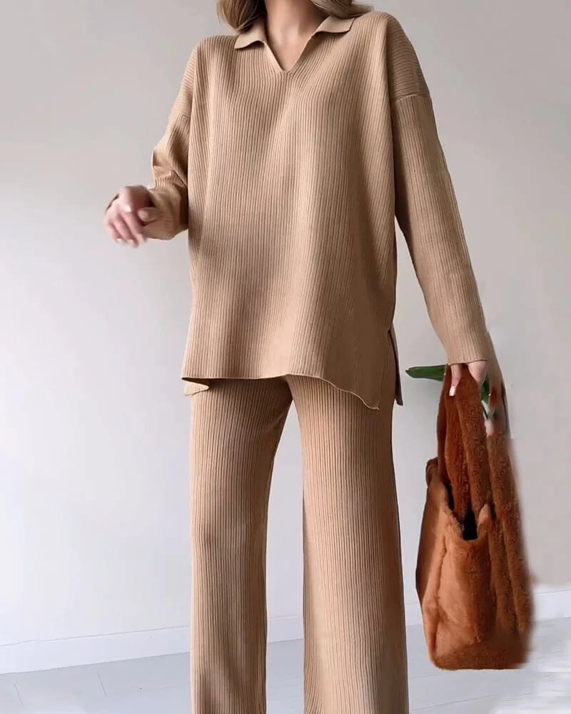 Casual V-neck slit knitted two-piece set