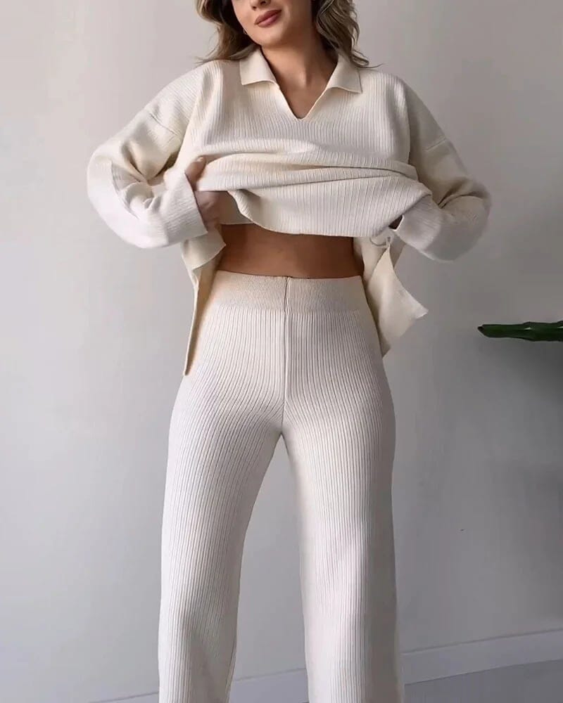 Casual V-neck slit knitted two-piece set