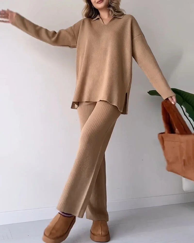 Casual V-neck slit knitted two-piece set