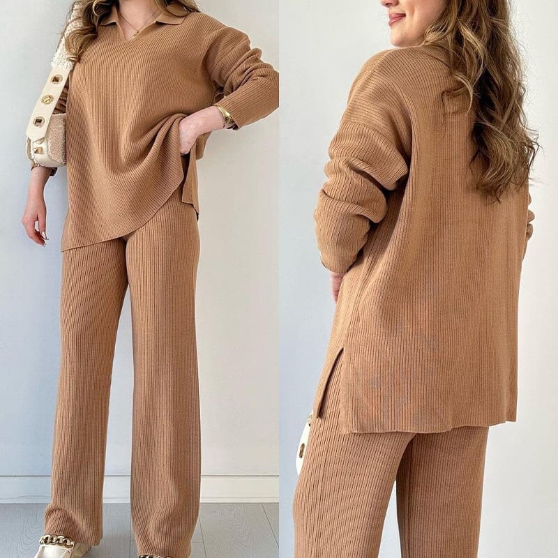 Casual V-neck slit knitted two-piece set