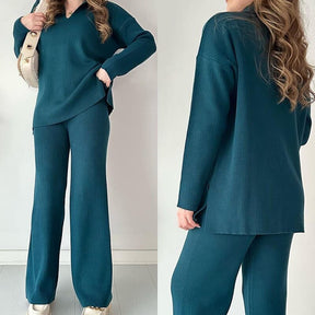 Casual V-neck slit knitted two-piece set