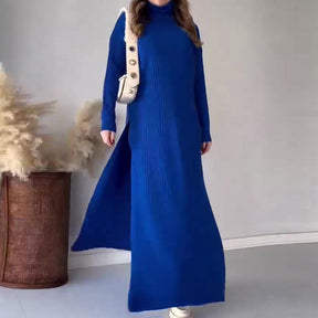 Turtleneck Side Split Knit & Wide Leg Pants Two Piece Set